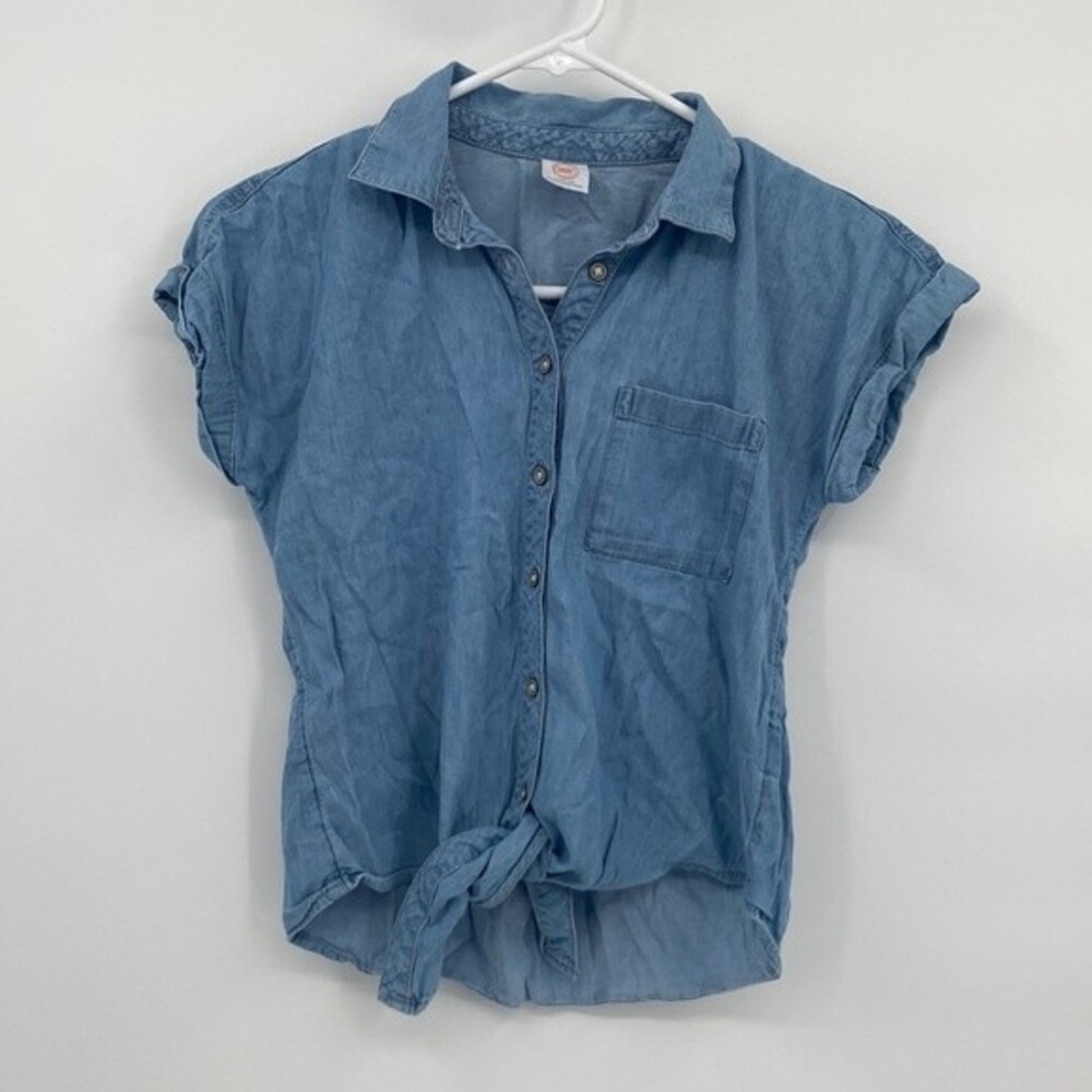 wonder nation Jean Chambray Short Sleeve Tie Front Shirt Button Down L 10/12